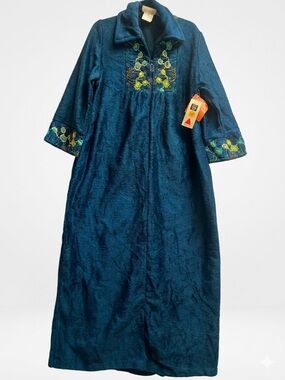 Vintage 70s Sears The Fashion Place Blue Embroidered Zip Robe Housecoat M